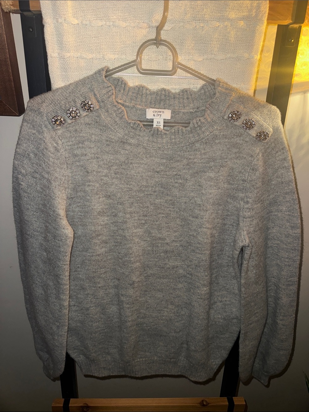 crown & ivy Light Gray Crewneck Sweater with Embellished Shoulder Buttons